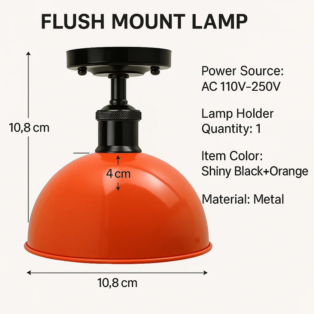 Shiny black‑and‑orange flush mount lamp, low‑profile metal fixture with bright round shade, suitable as a hallway ceiling light.