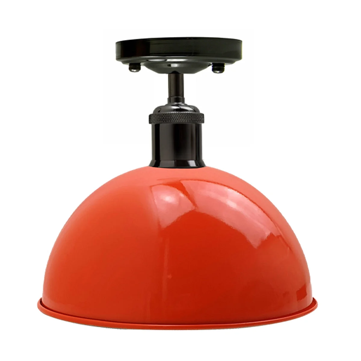 Low‑profile metal flush mount lamp in shiny black and orange, mounted in a hallway.