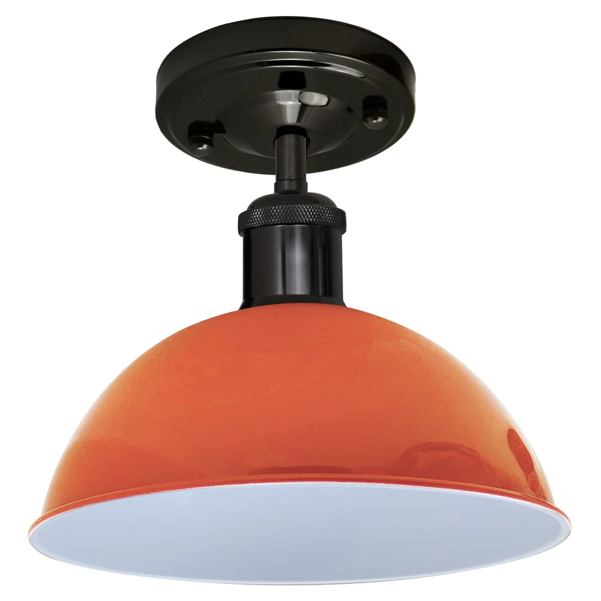 Low profile ceiling light in shiny black and orange metal, flush mount fixture with 10.8 cm diameter shade