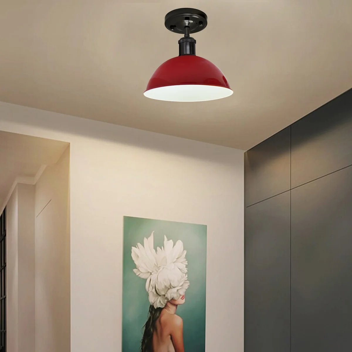 Sleek red ceiling light with black metal frame, rounded front shade, modern semi‑flush design for living rooms.