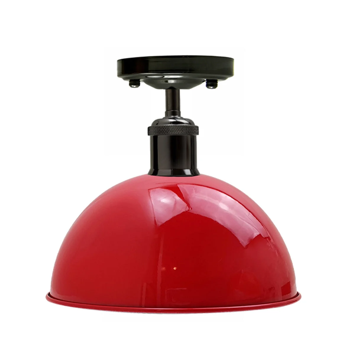 Red semi-flush ceiling light with shiny black metal housing, 10.8cm diameter shade, E27 bulb socket, mounted on ceiling.