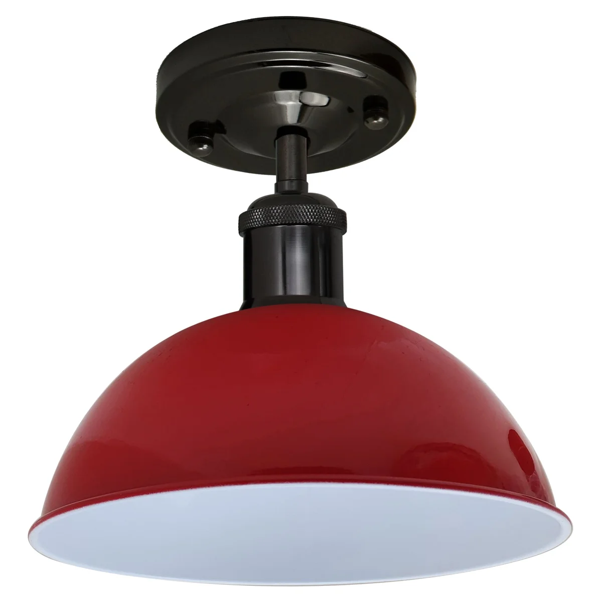 Red semi-flush metal ceiling lamp with shiny black details, modern design, 10.8cm diameter shade, E27 base