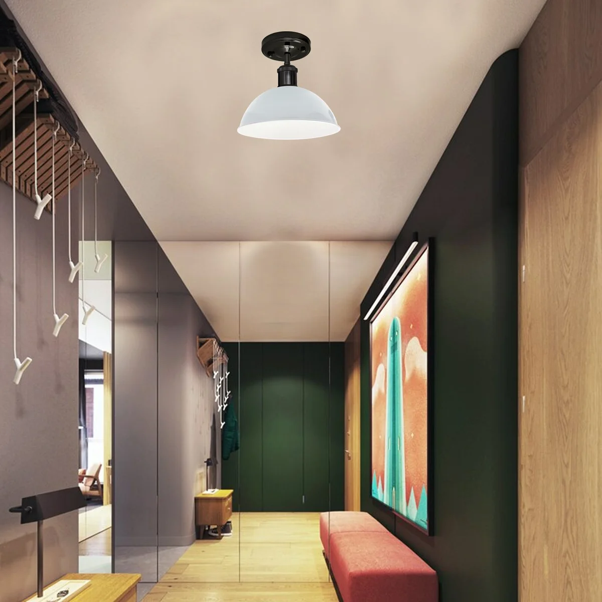 Modern dome ceiling light in crisp white metal with black accents, sleek dome shade and E27 base, perfect for living rooms.