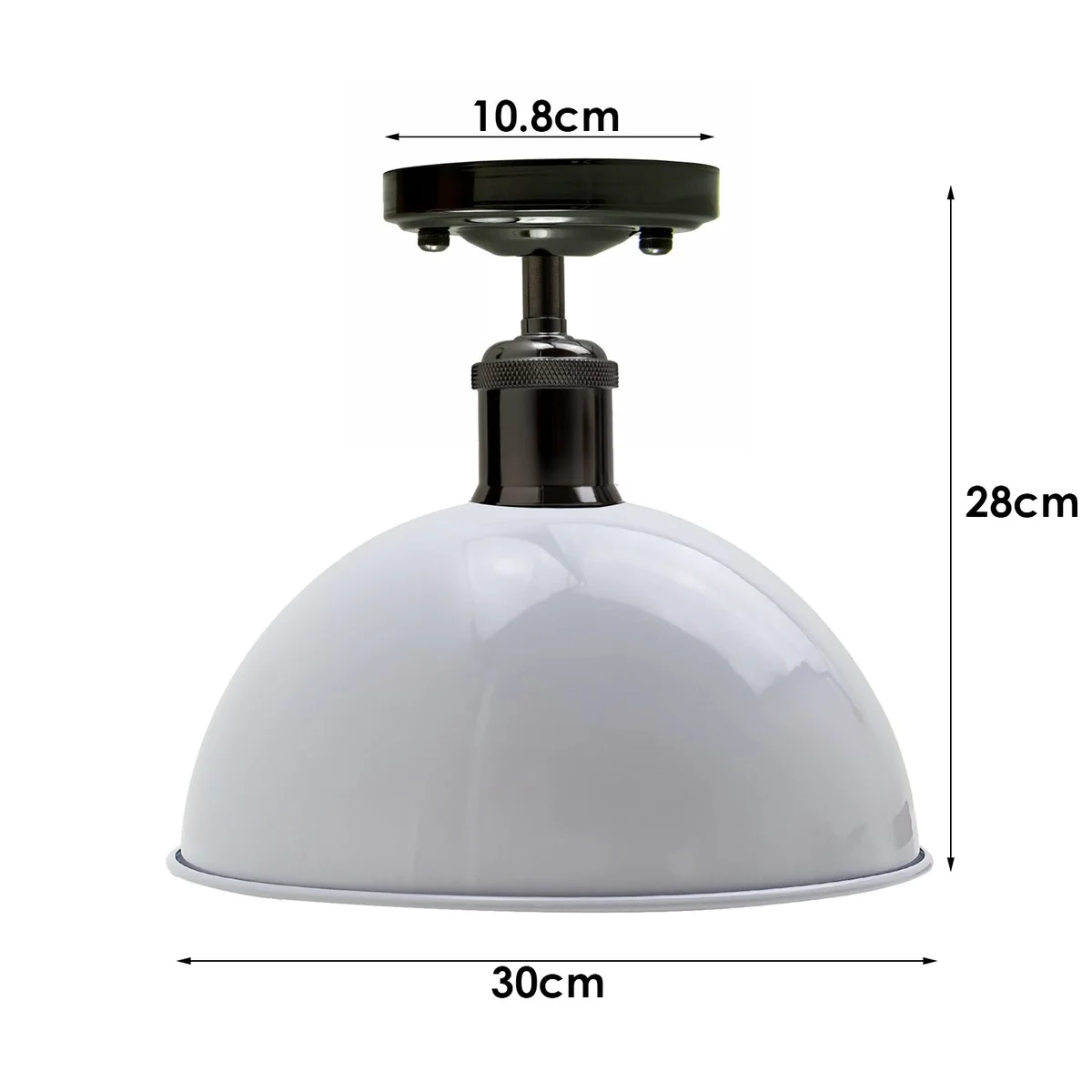 Sleek white dome ceiling light with shiny black metal base and diffused light, suitable for living rooms and bedrooms.