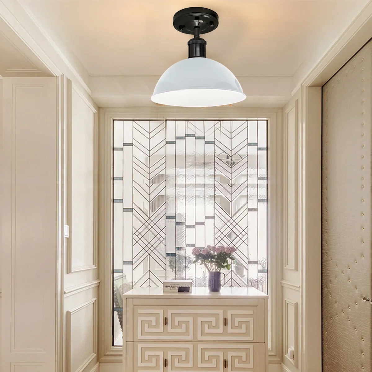 Modern white metal dome E27 ceiling light with black trim