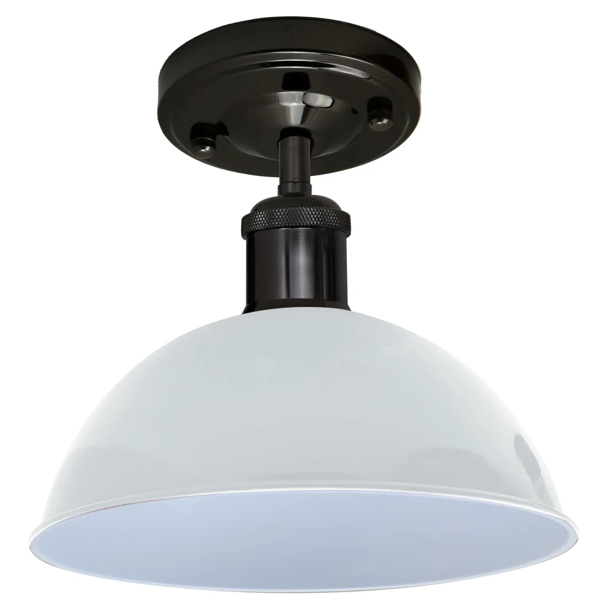 Flush mount ceiling light with white dome and metal base, sleek design, soft diffused light for living rooms and bedrooms