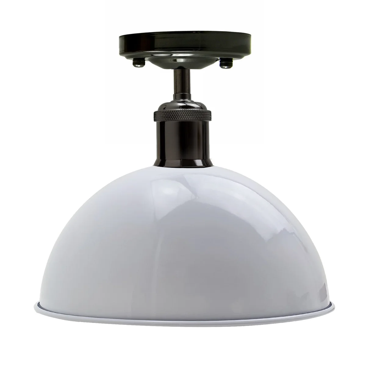 White dome ceiling light perched on the ceiling, metal base, sleek design, great living room ceiling light
