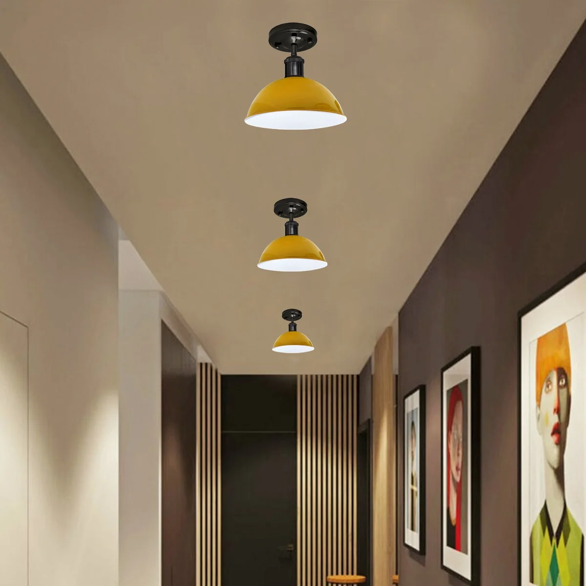 yellow metal ceiling lamp with shiny black base, rectangular mounting plate, 10.8cm by 2cm, yellow lamp shade