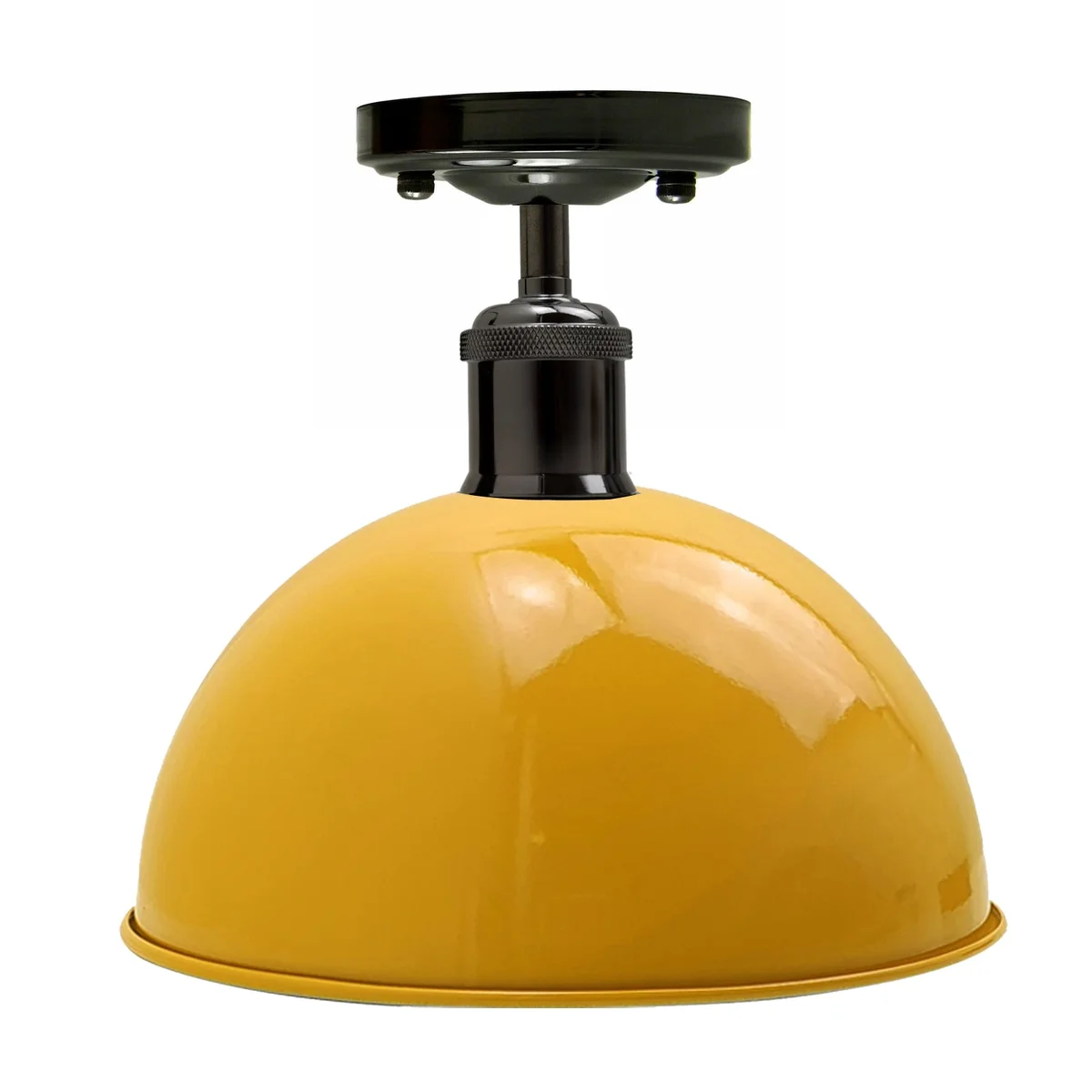 Yellow metal ceiling mounted lamp with black accents, featuring E27 base, 10.8cm metal plate and 4cm shade opening