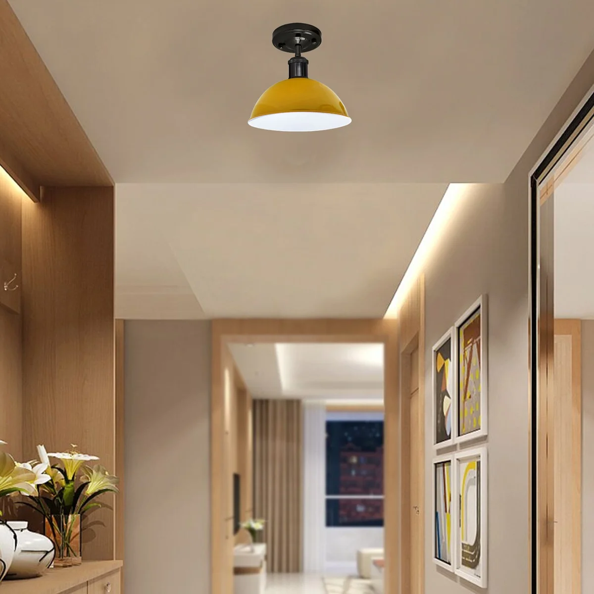 Yellow metal ceiling lamp with shiny black base, door-shaped shade, includes E27 lamp holder