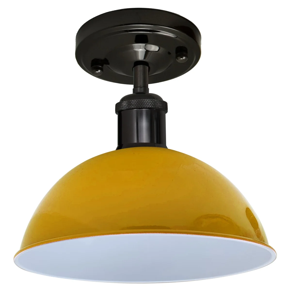 Shiny black yellow lamp mounted on ceiling, metal ring base, E27 holder, small yellow shade 10.8cm wide