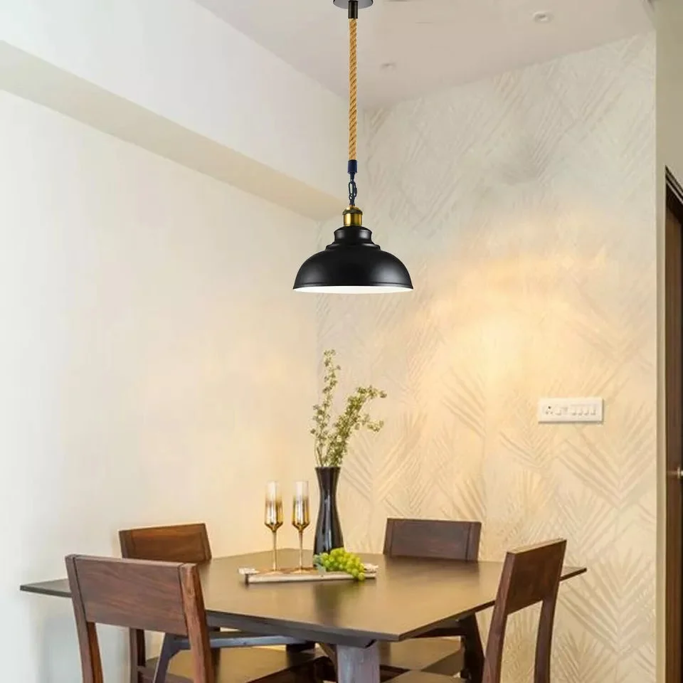 Modern hemp pendant light with clear metal shade and hemp rope loop, adjustable length, vintage retro style.