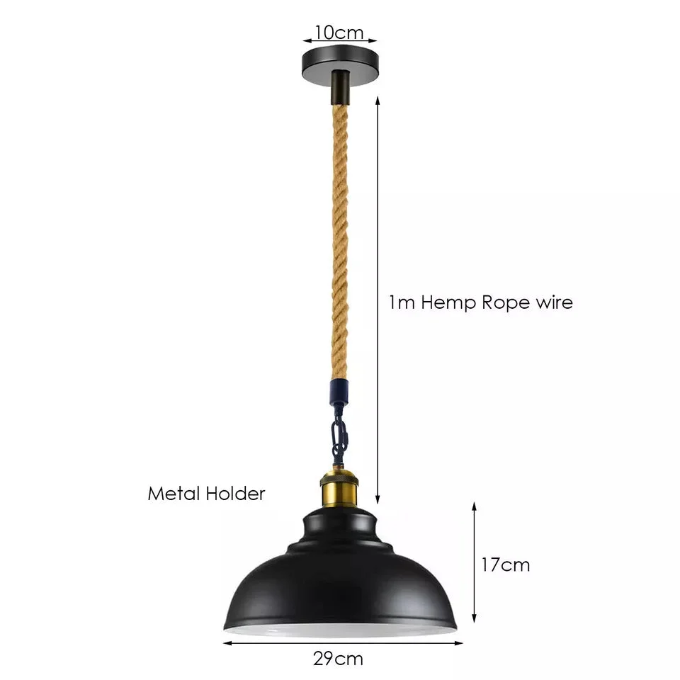 Retro ceiling pendant with metal shade, clear glass, and hemp rope, adjustable 1m length, suitable for kitchen island lighting