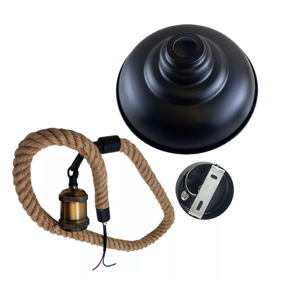 Adjustable kitchen pendant featuring metal shade and hemp rope, hanging 1m from ceiling.