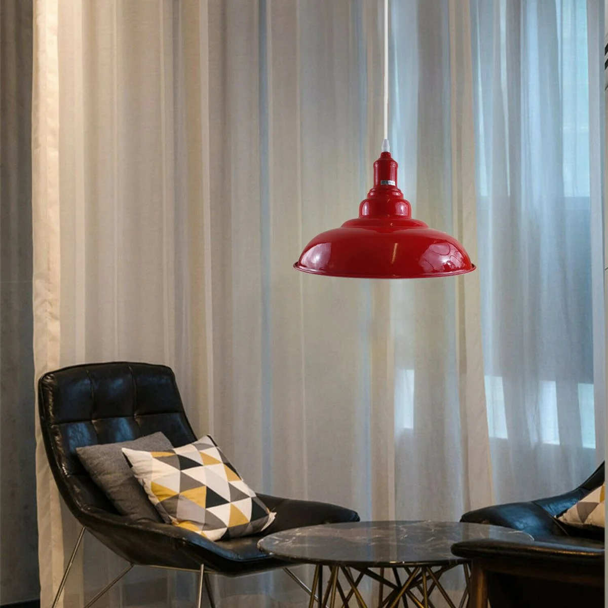 Red metal dome pendant light with paint finish, white interior hood, angled base, 10 cm diameter, 95 cm cable
