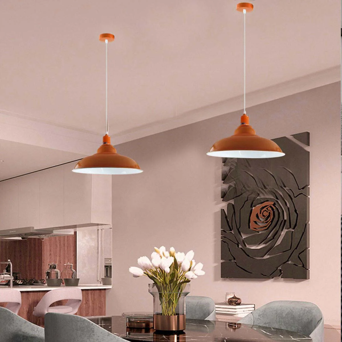 Modern red dome pendant E27 ceiling light with white face angled for sloped ceiling.