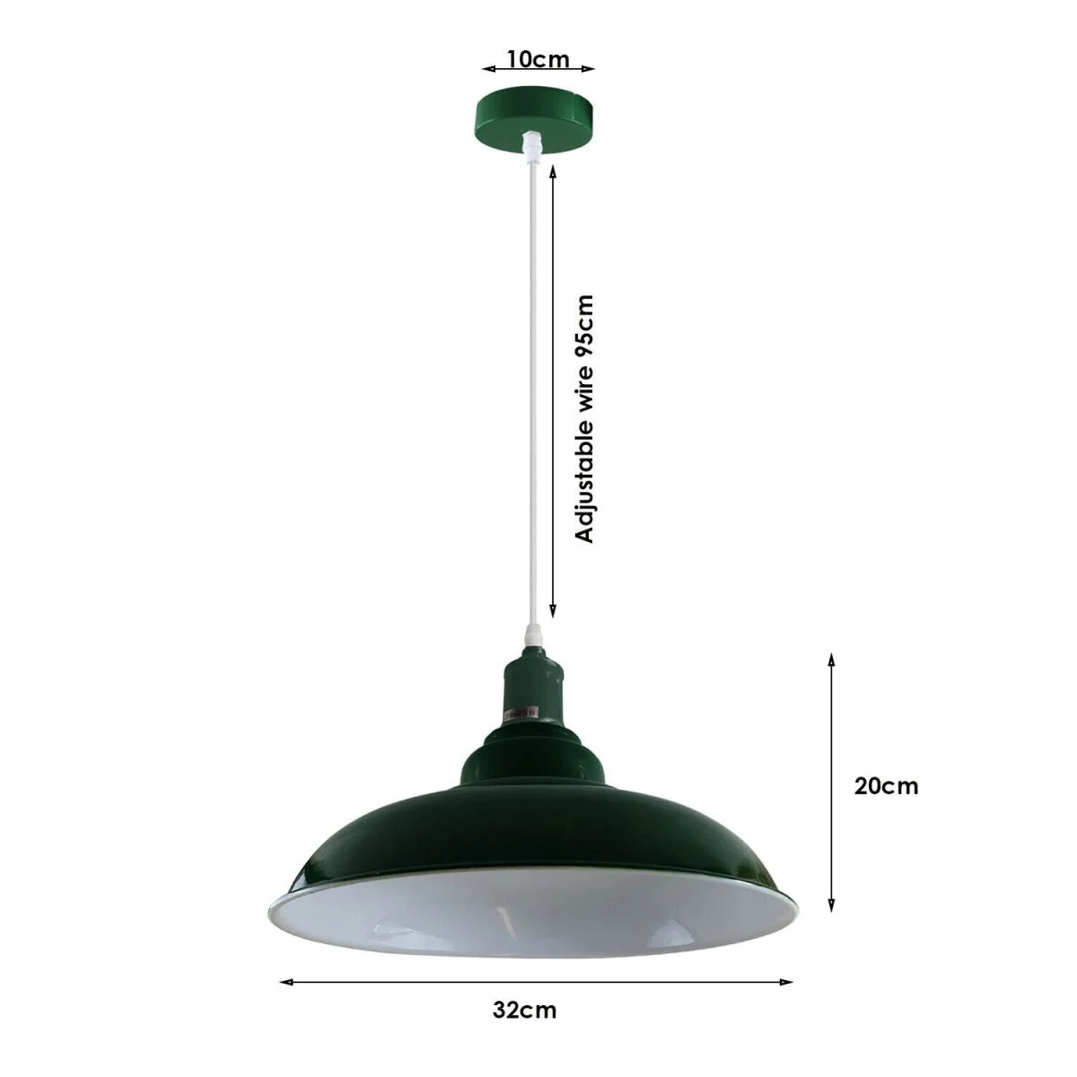 Metal pendant lamp with painted dome hood, white interior, 10 cm base, 95 cm cable.
