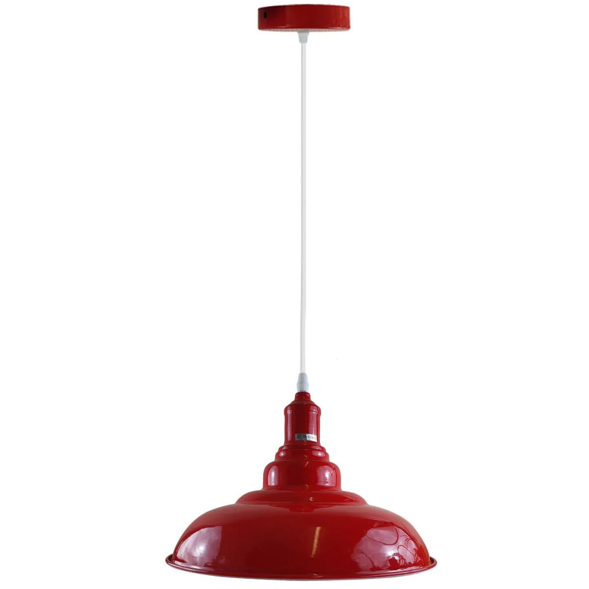 Red modern ceiling pendant light with painted metal dome, white inside hood, adjustable angle, 95 cm cable, 60W bulb.