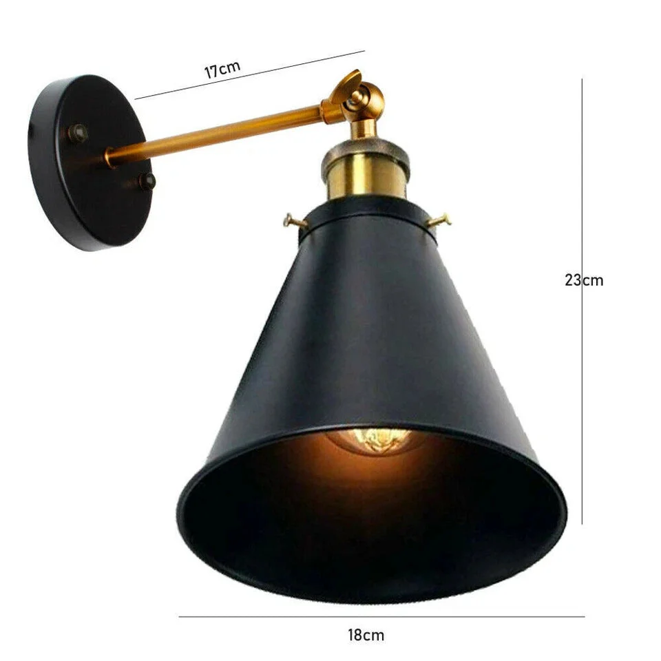Black metal wall light with vintage cone shade, adjustable brass arm, 240° rotation, black ceiling rose—ideal décor.