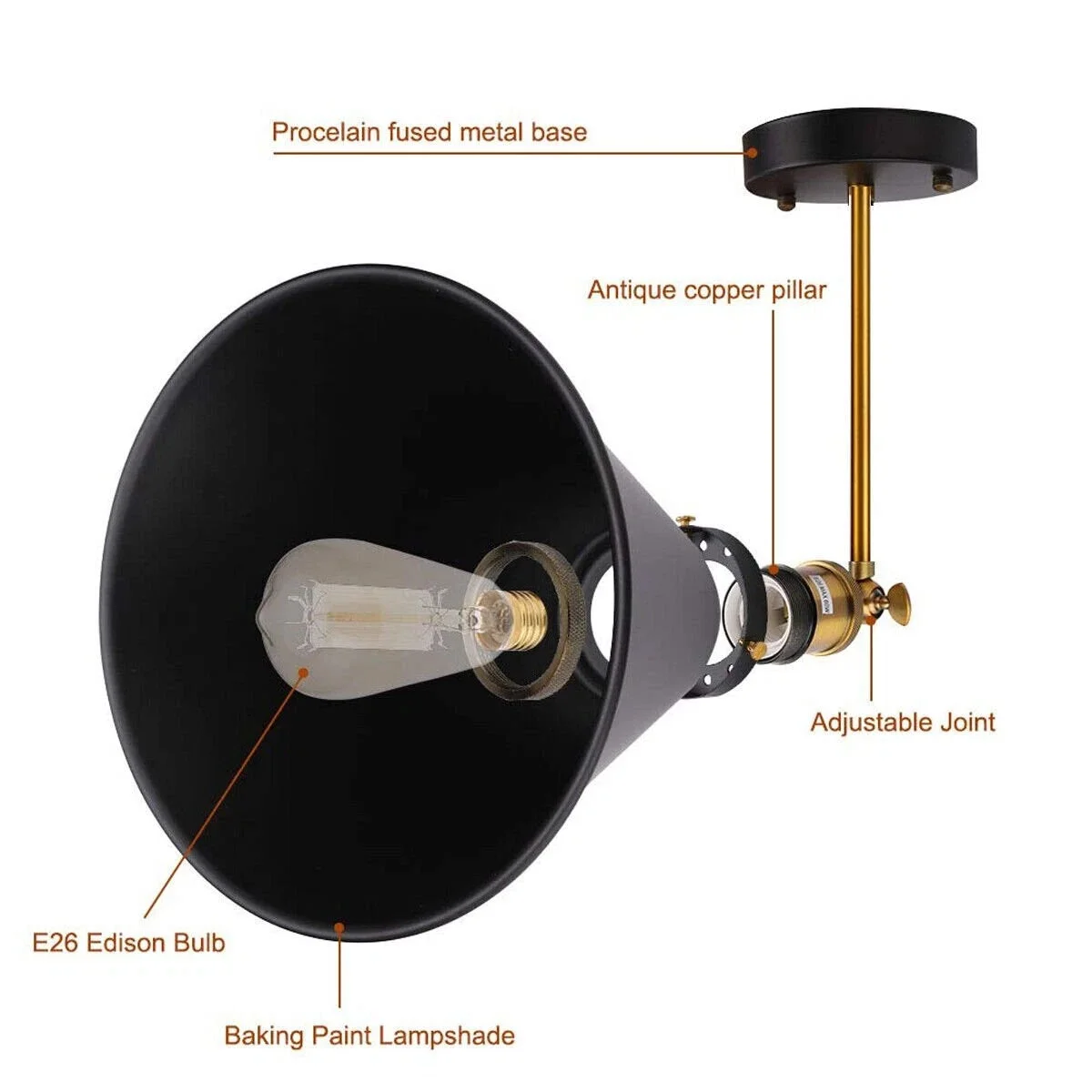 Black vintage industrial E27 wall sconce with adjustable cone shade, brass socket, 240° head rotation, and black metal wall arm.