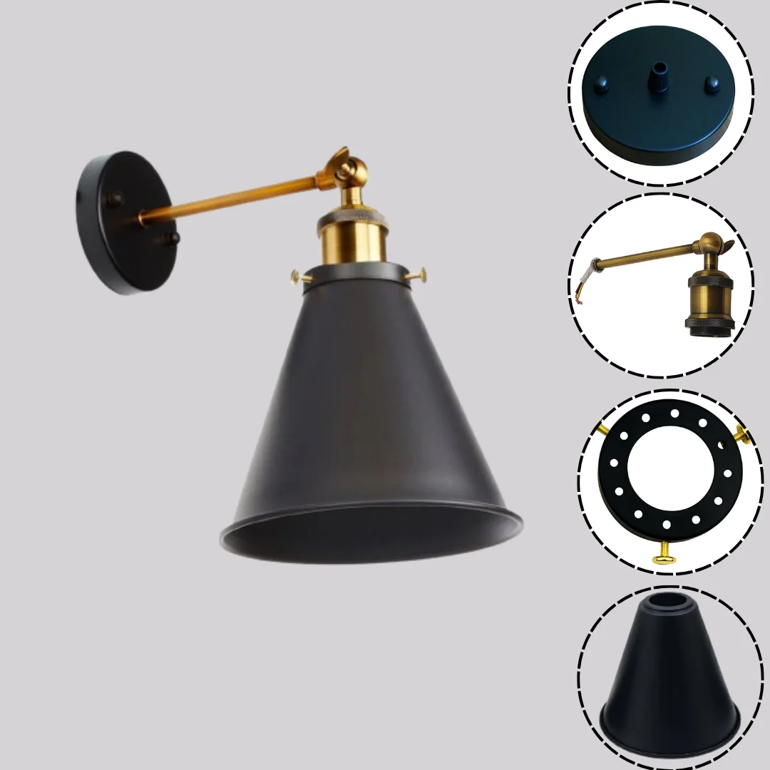 Black vintage industrial style lamp with adjustable head, black metal cone shade, brass socket, and wall‑mounted brass arm.