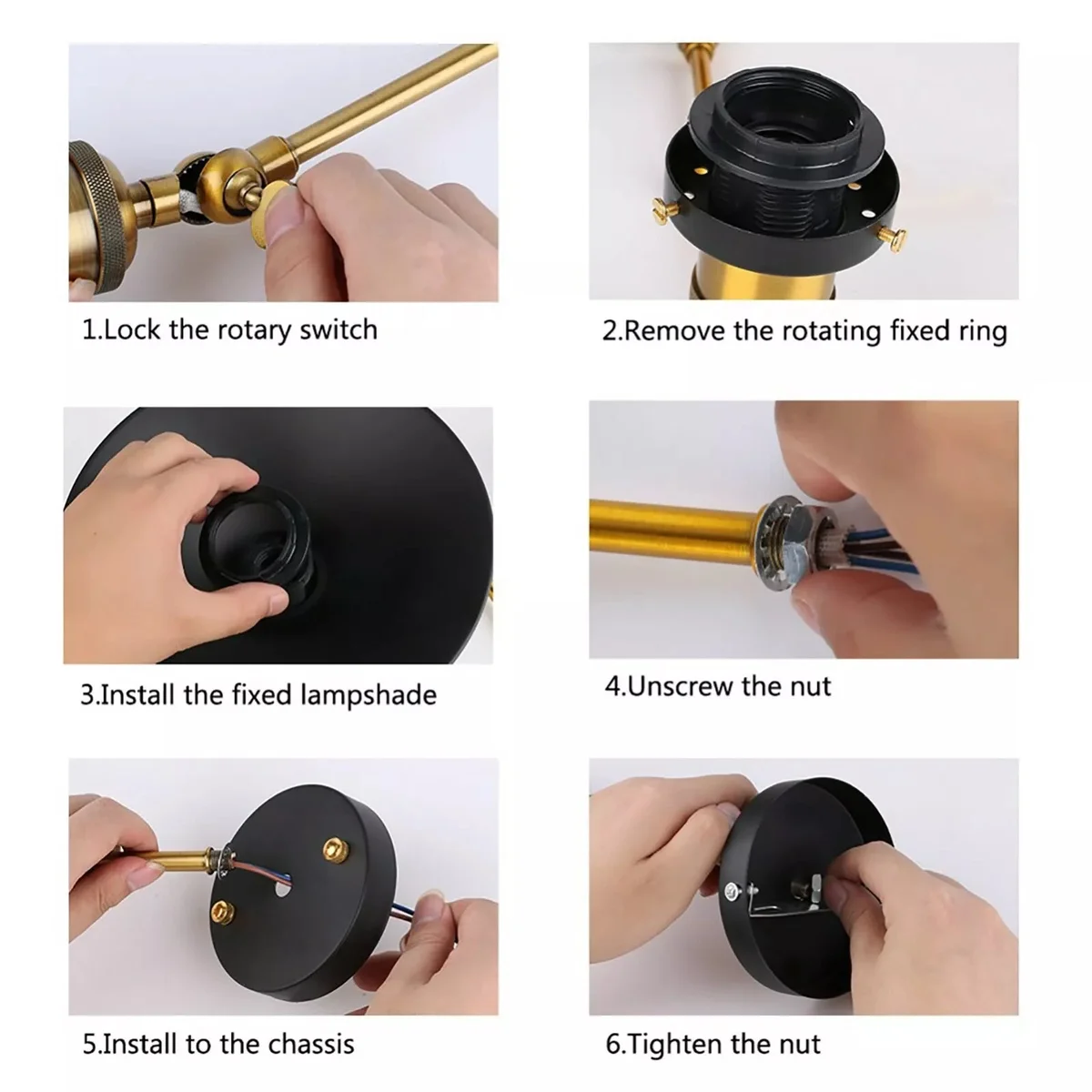 Black vintage industrial wall light with cone metal shade, brass socket, adjustable head 240° rotation, hard‑wired wall mount