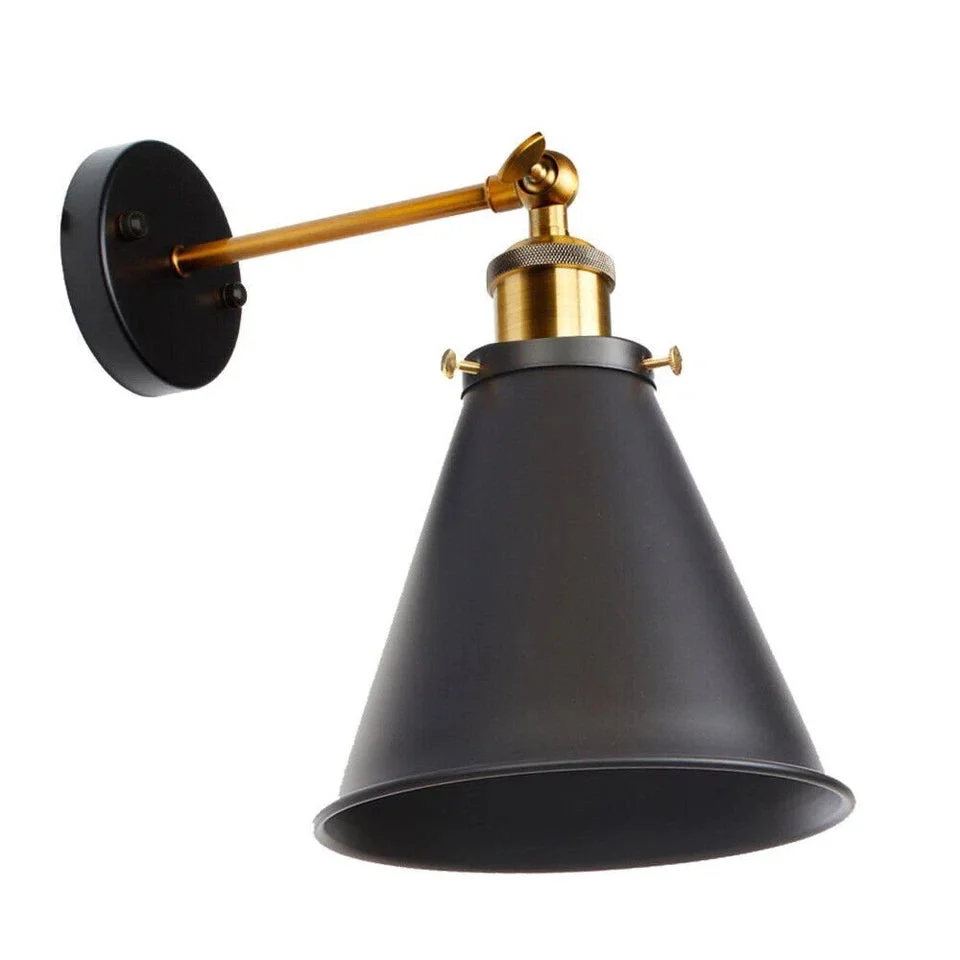 vintage industrial wall light: black metal cone shade, yellow brass socket, adjustable 240° head for directional lighting