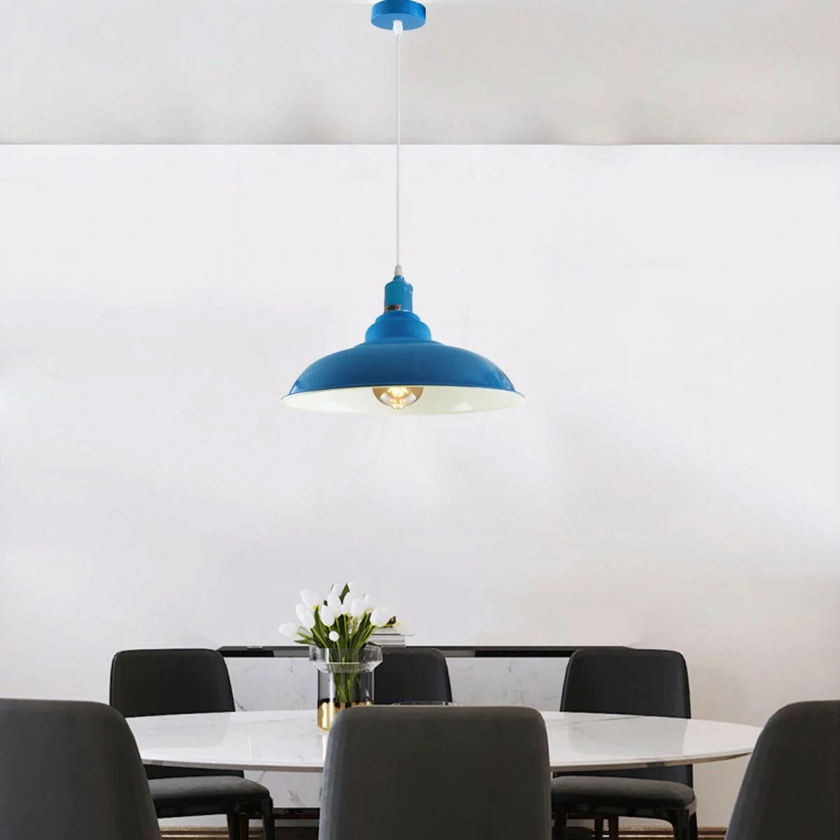 Light blue metal dome pendant with PVC shade, angled base, white interior. Modern metal pendant light.