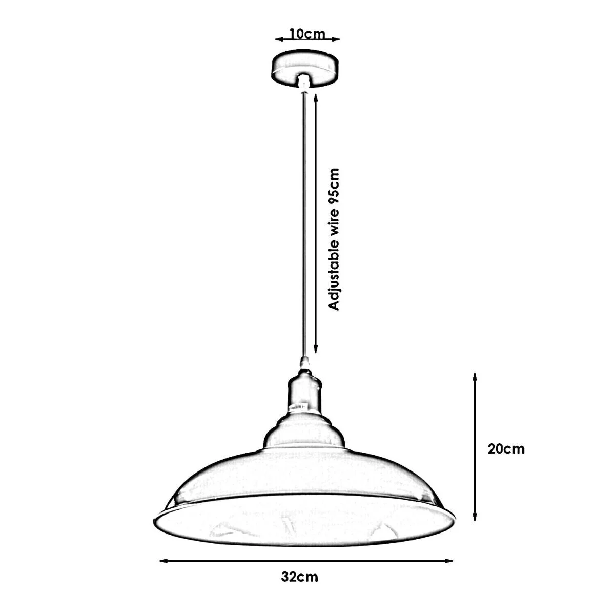 Light blue retro ceiling lamp shade pendant shows angled metal dome with white interior and 95 cm cable