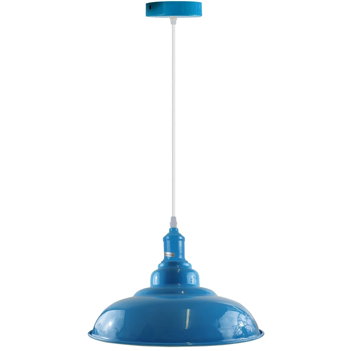 Light blue pendant light with dome shade, metal base angled for sloped ceilings, white inside, 10 cm base, 95 cm cable.