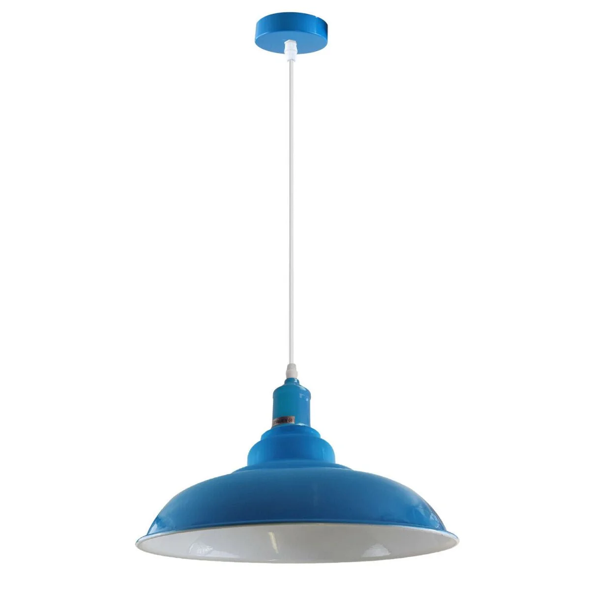 Light blue metal and PVC dome pendant with white interior, angled base, 95 cm cable – E27 ceiling light fitting.