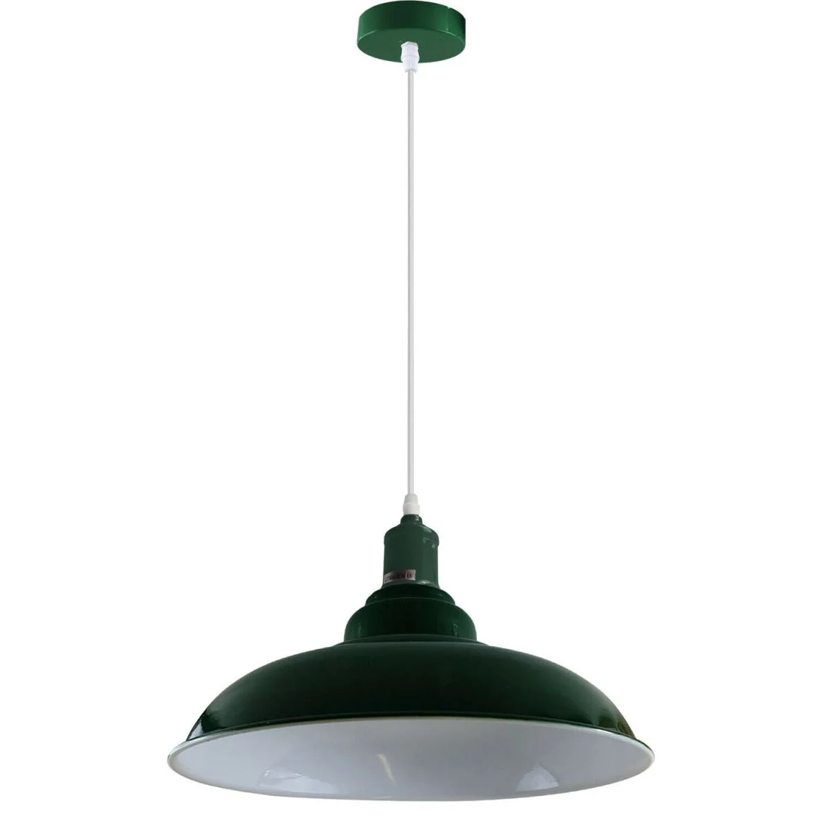 Green metal pendant light with angled dome, white interior, 10cm base, 95cm cable, suitable for sloped ceilings