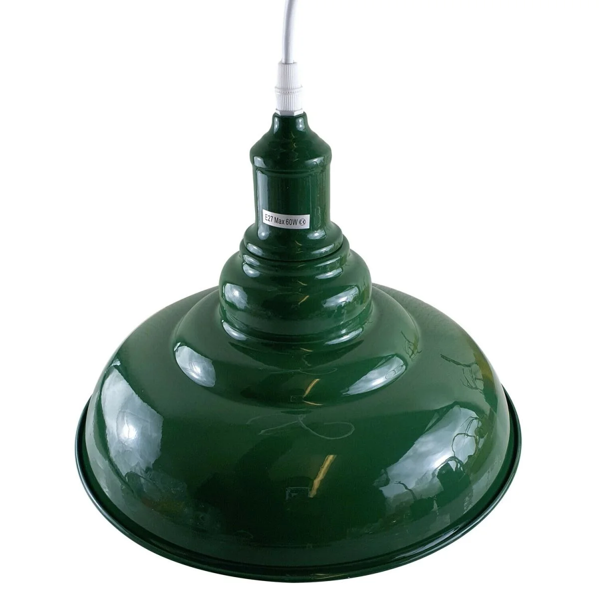 Green metal dome pendant lamp with angled hood, white interior, included 95cm cable, an E27 ceiling light