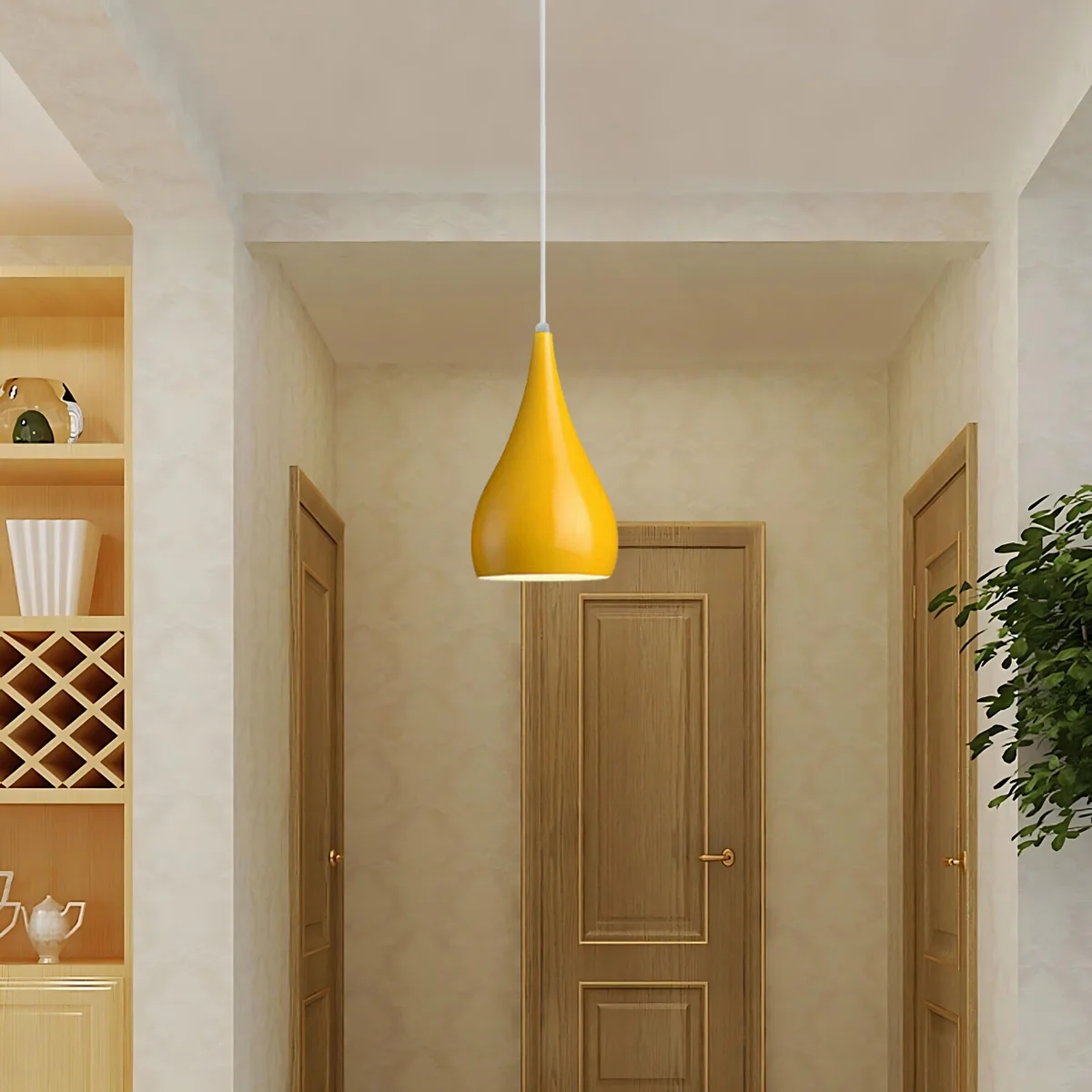 Modern pendant ceiling light with teardrop metal shade, E27 socket, in various colours, suspended on a metal harness
