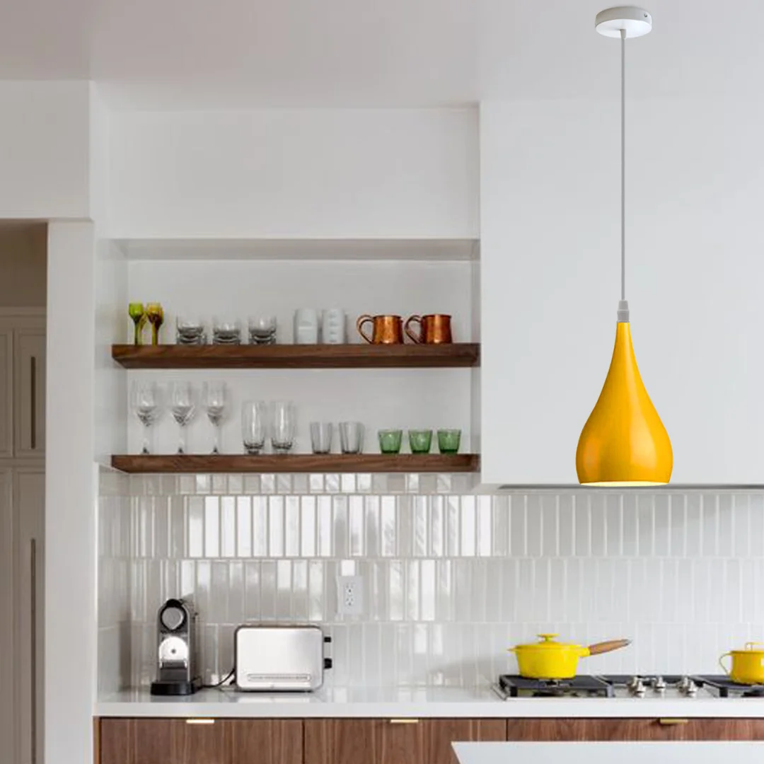 Teardrop pendant light in modern metal finish hanging from ceiling, featuring an E27 base and a subtle painted finish.