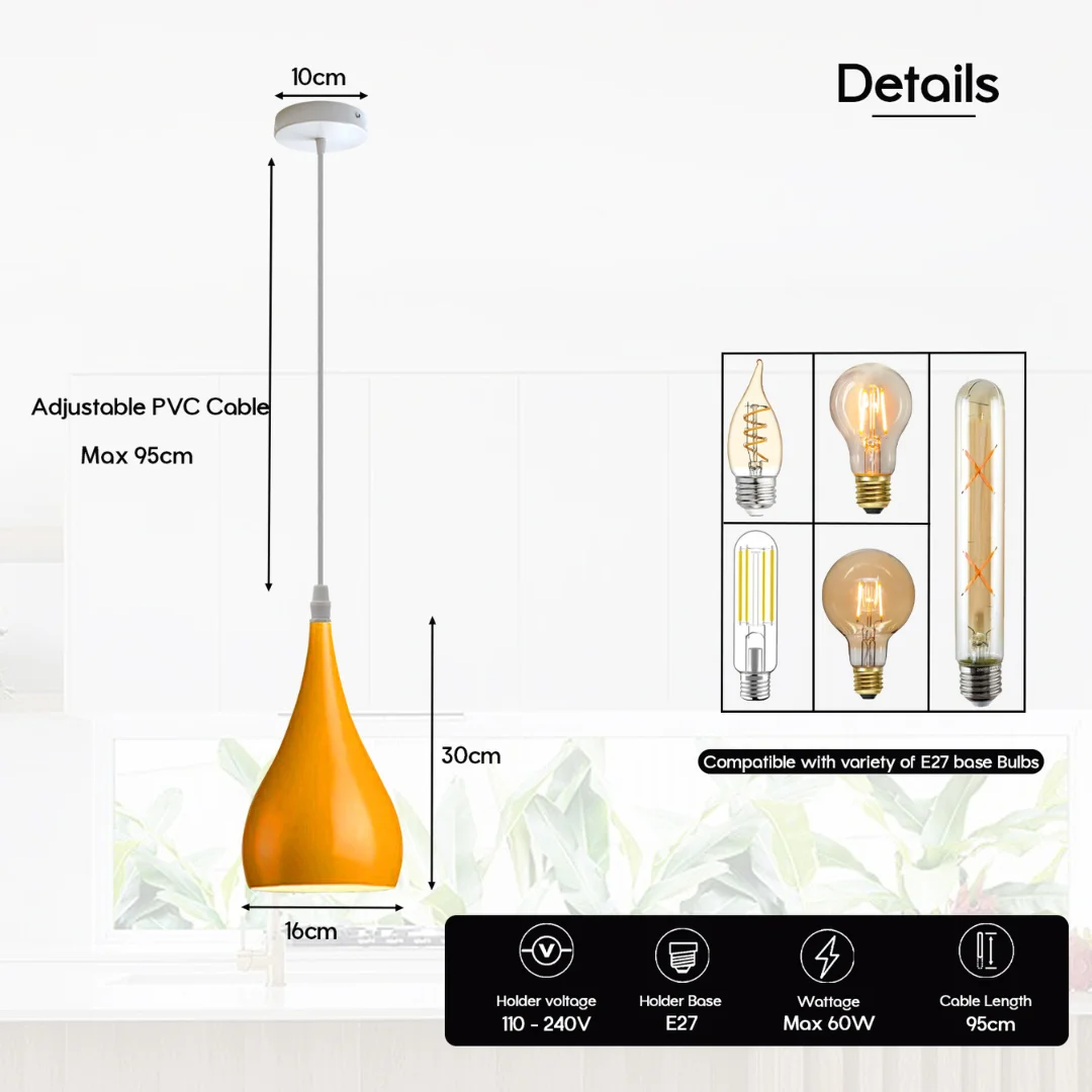 Metal ceiling light with teardrop pendant shade, modern design, hanging from ceiling, E27 base included.