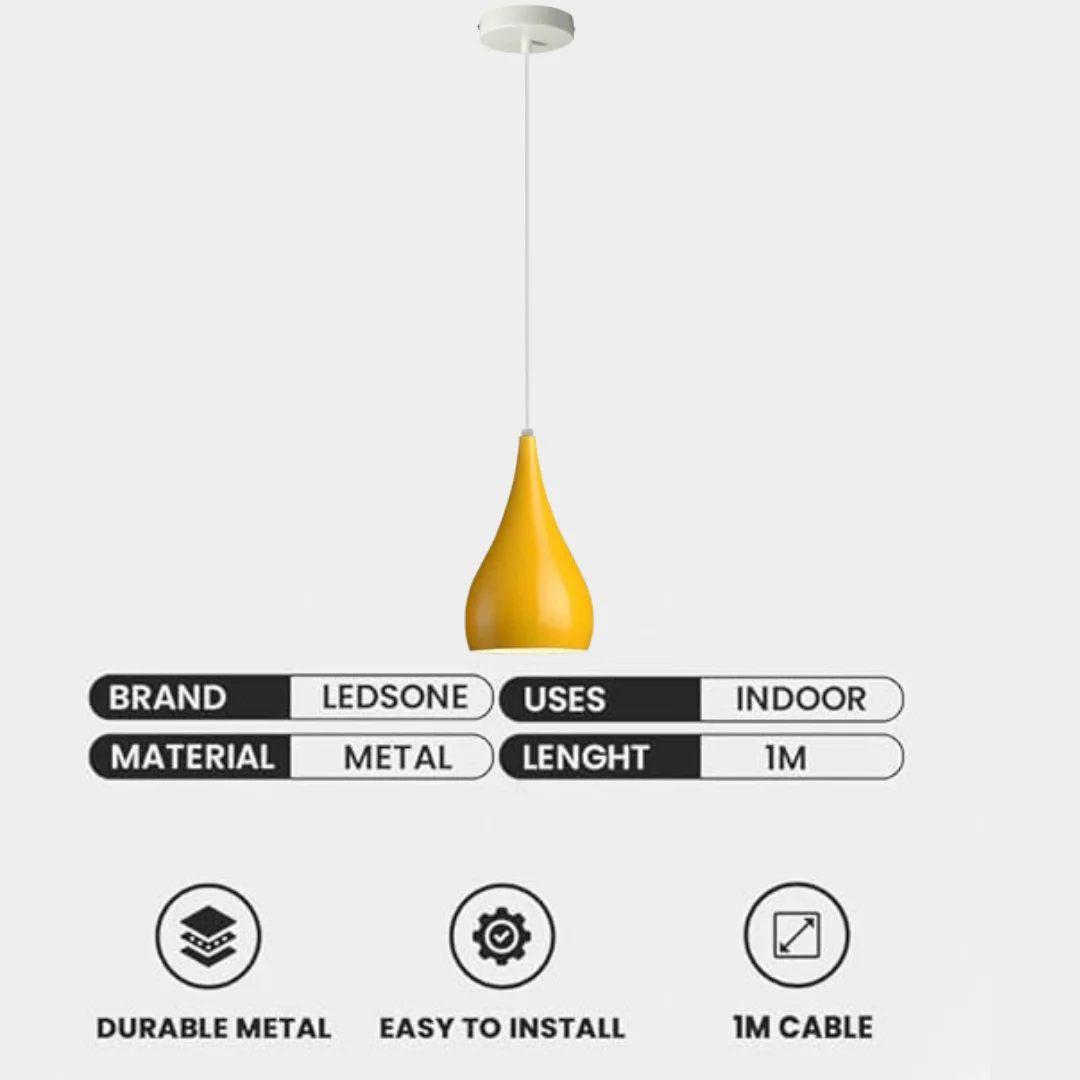 E27 pendant lamp: modern metal teardrop shape with cylindrical lampshade hanging under ceiling.
