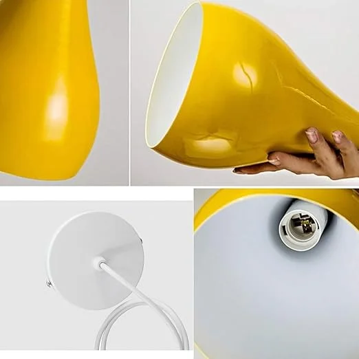 Contemporary ceiling lamp with teardrop metal shade, E27 socket, suspended from wall, modern design.