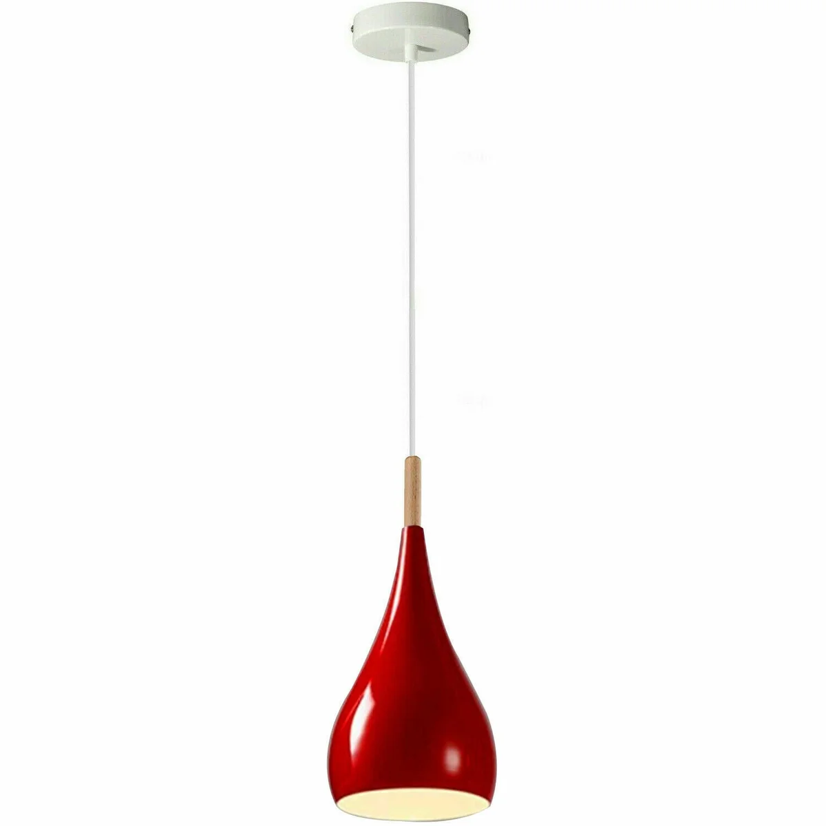 Red retro metal pendant light hanging from ceiling with metal shade and E27 support.