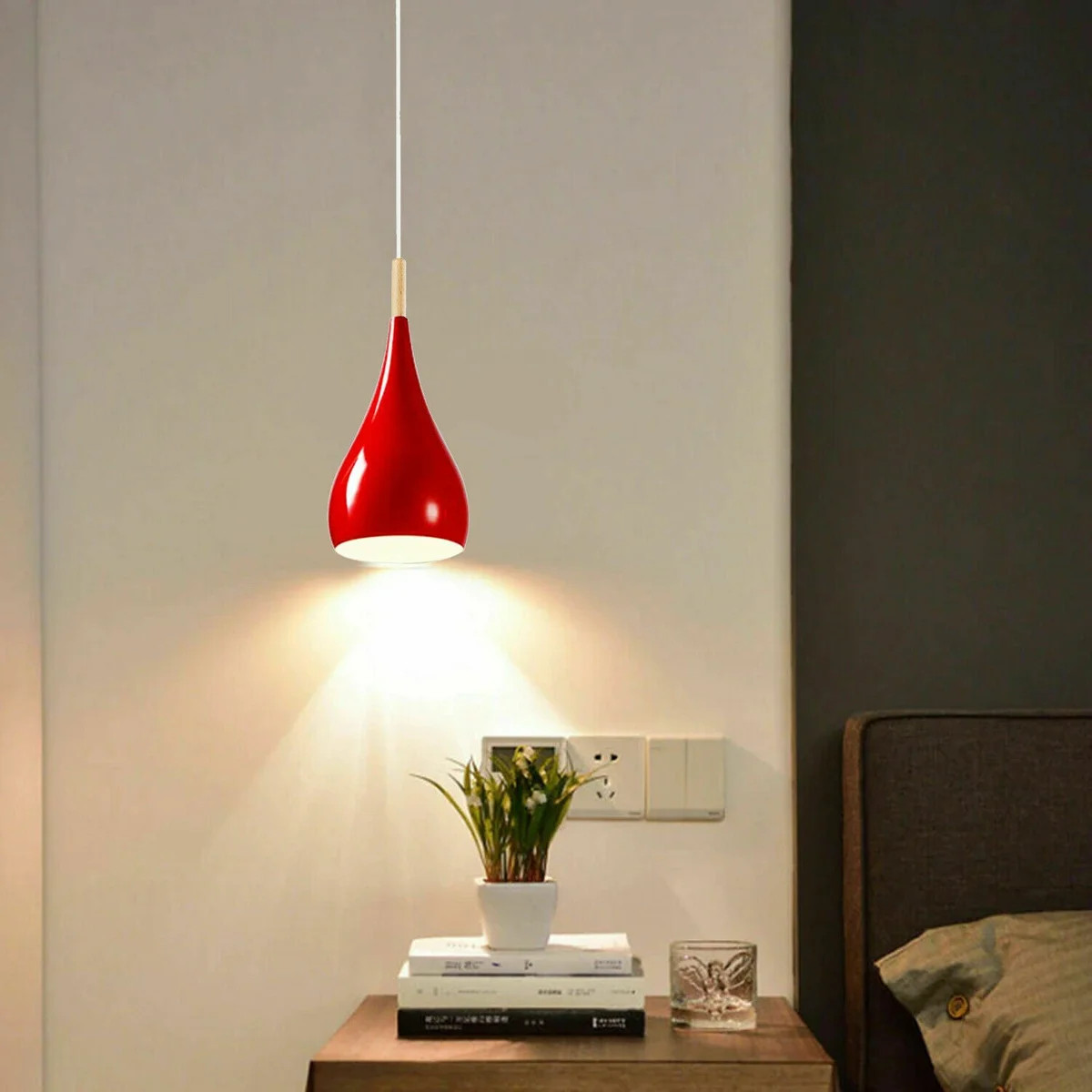 Red metal pendant light with retro style shade, modern ceiling light, hanging from ceiling