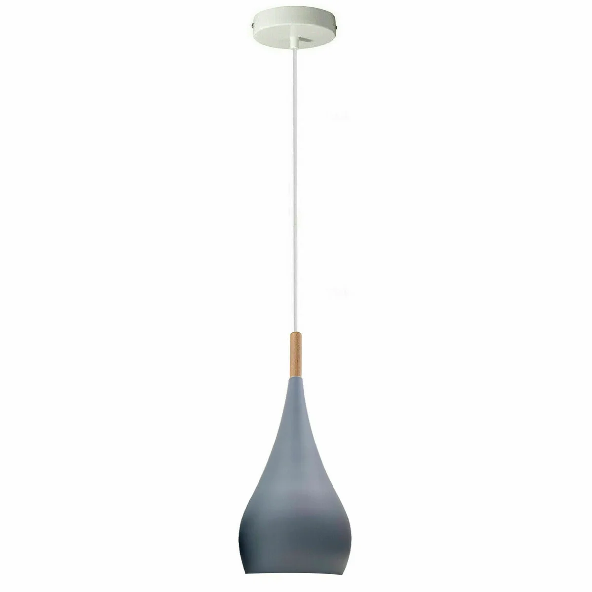 Grey pendant light hanging from ceiling with metal frame, retro style, ideal for living rooms.