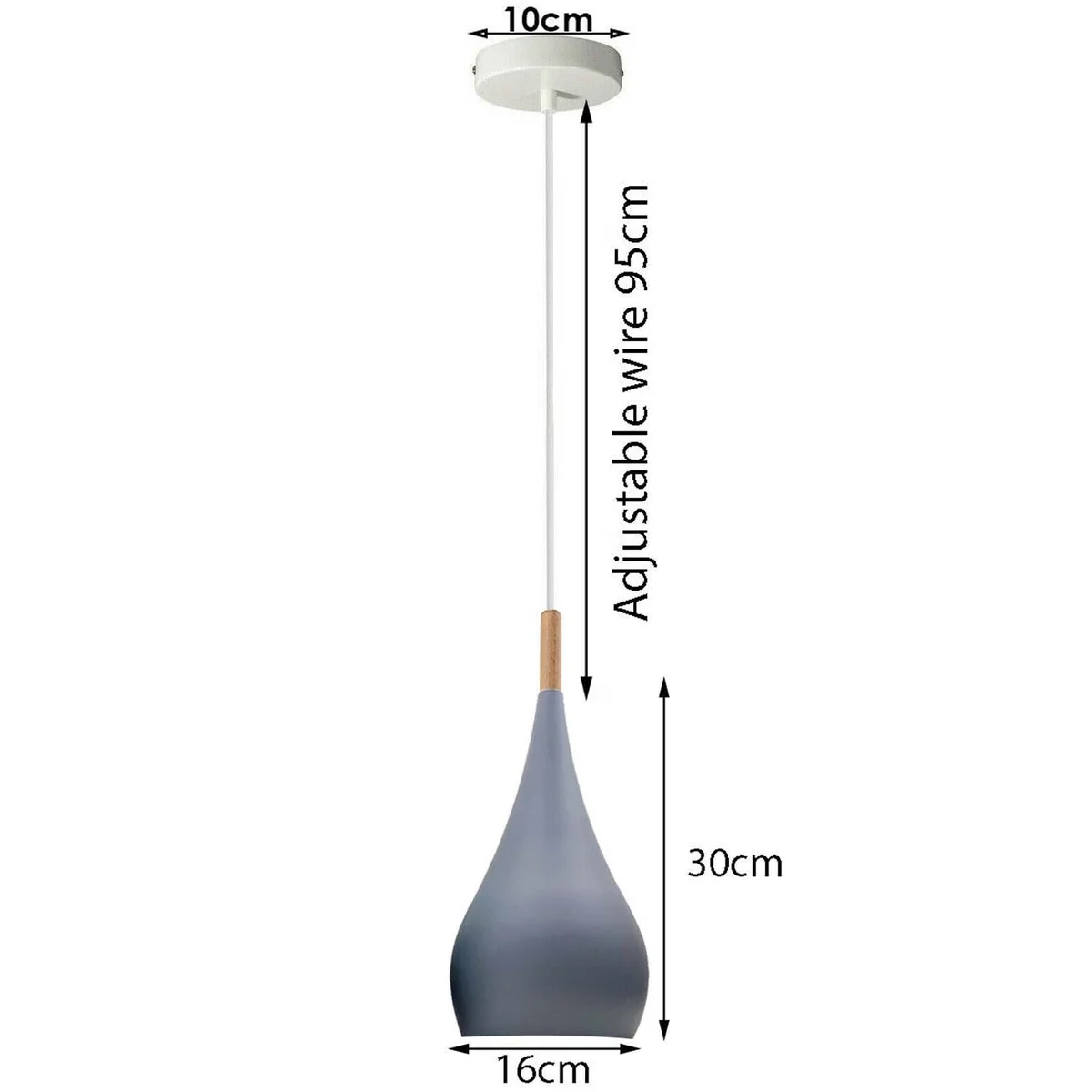 Grey metal modern pendant light with brushed iron finish, hanging from ceiling, lightweight design, for living rooms.