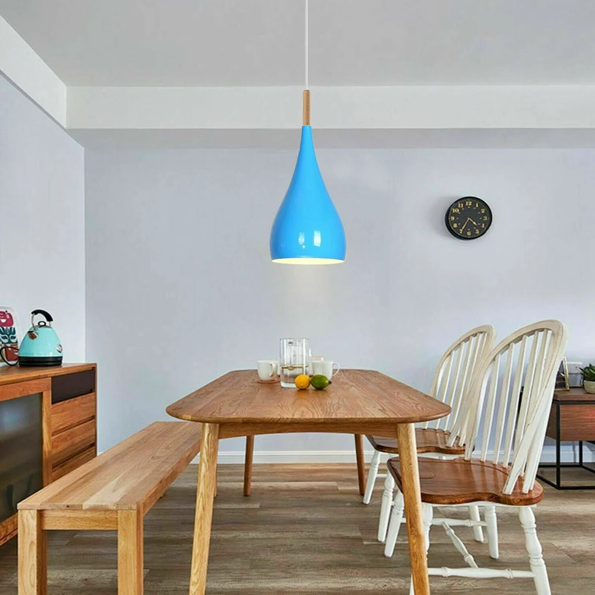 Blue pendant light with metal frame and hanging kit, vintage style.