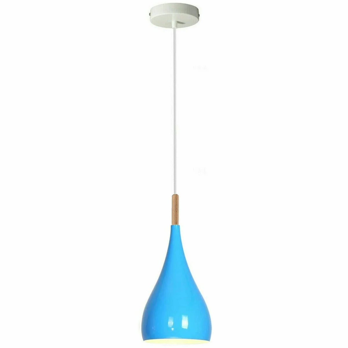 Blue vintage retro pendant lamp hanging from ceiling, metal lamp holder with elegant shade.