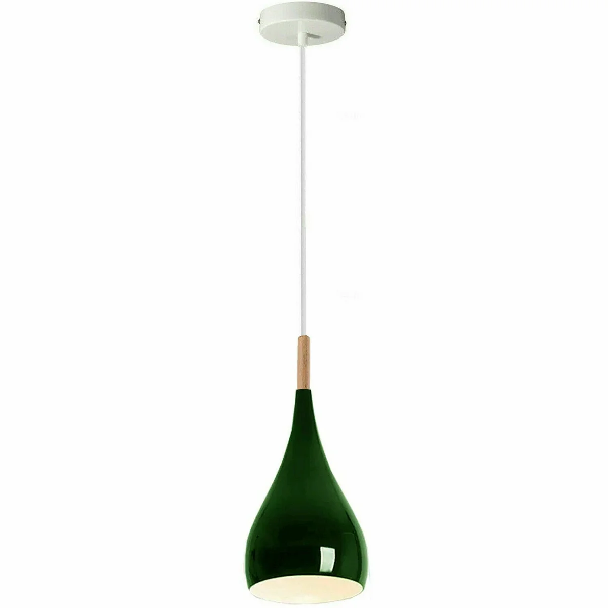 Green metal ceiling pendant light with round shade and E27 holder, suspended from ceiling.