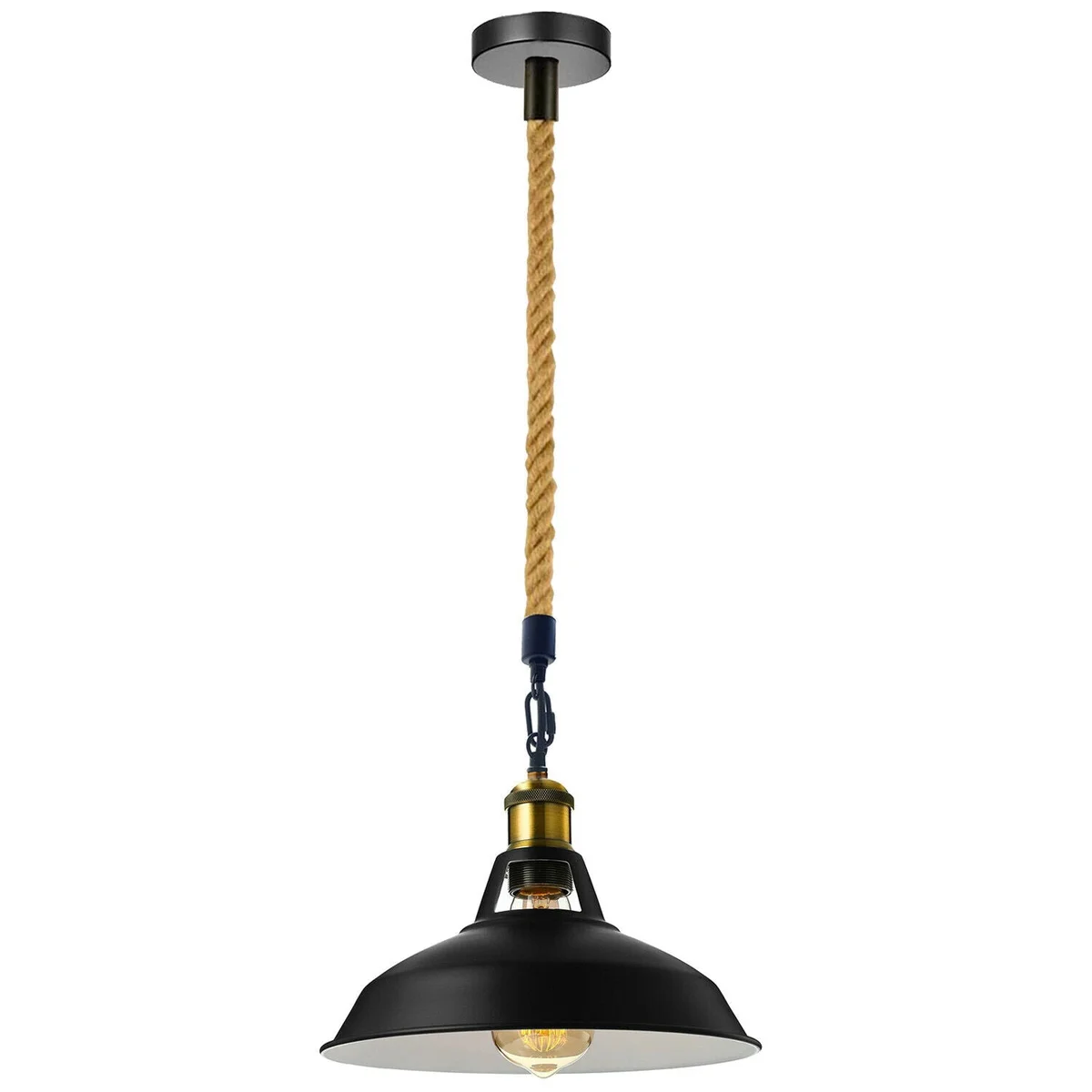 Modern retro ceiling light with metal pendant holder, hemp rope chain, vintage style lamp shade hanging from ceiling.