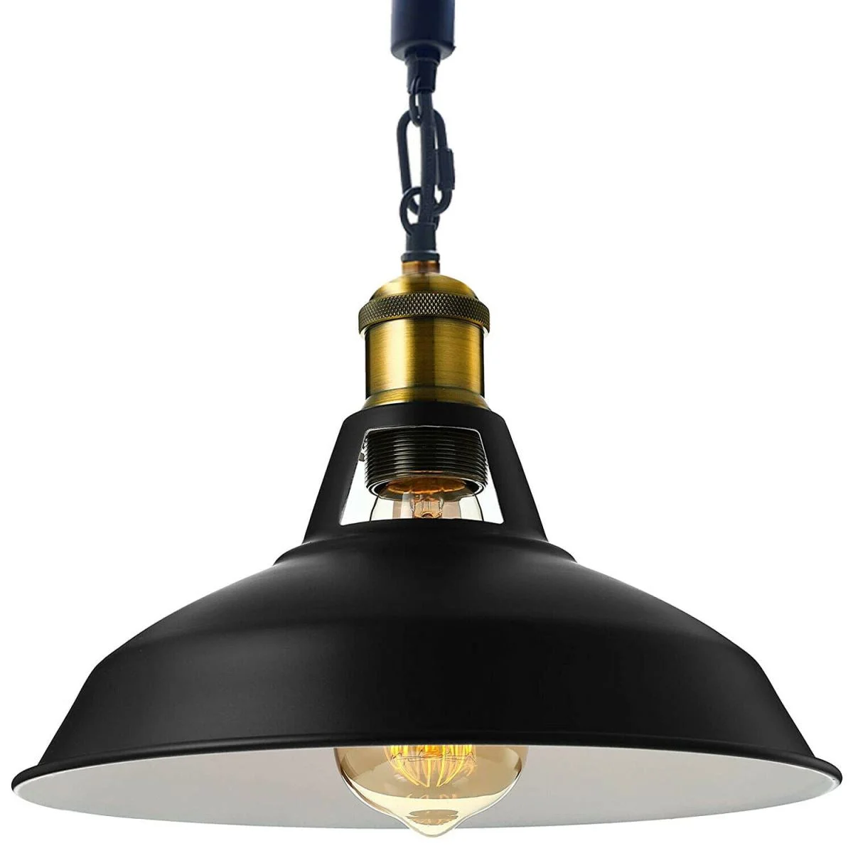 Vintage metal lampshade lighting hanging on hemp rope, round retro pendant with elegant metal frame.