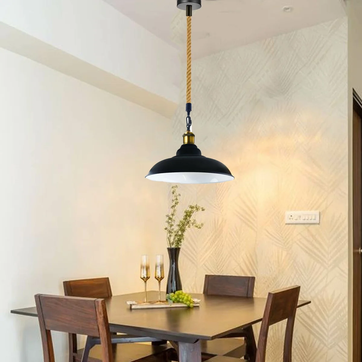 Vintage pendant lamp with black metal shade and gold holder, hanging from 95cm wire on a stylish indoor ceiling.