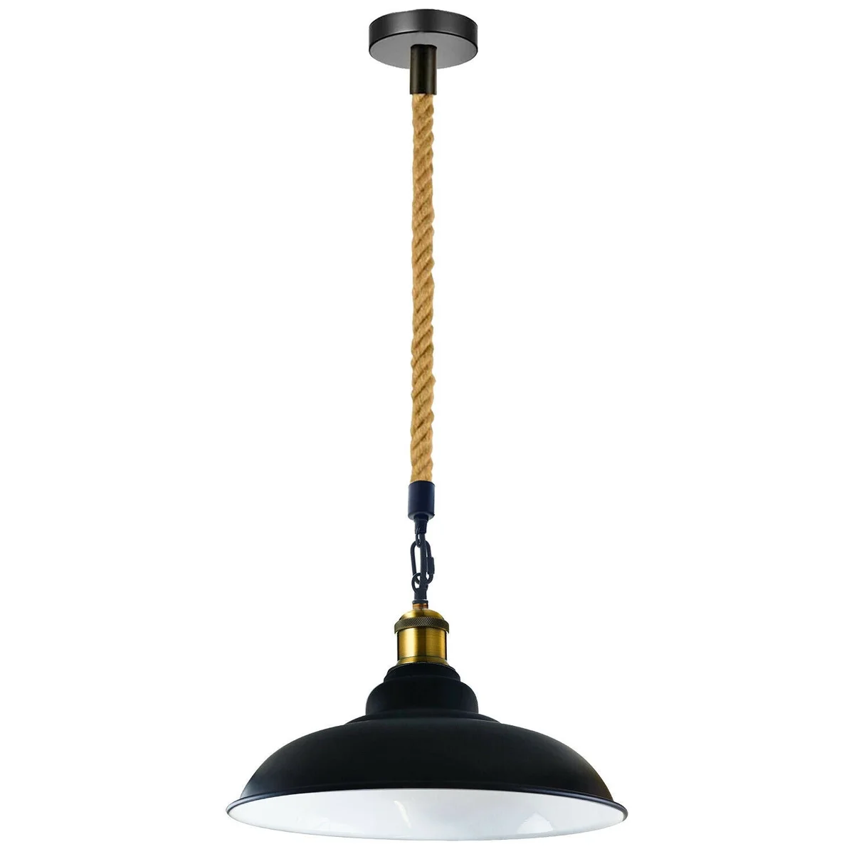 Modern black pendant light with metal shade and gold holder, 95cm long cord hanging from ceiling