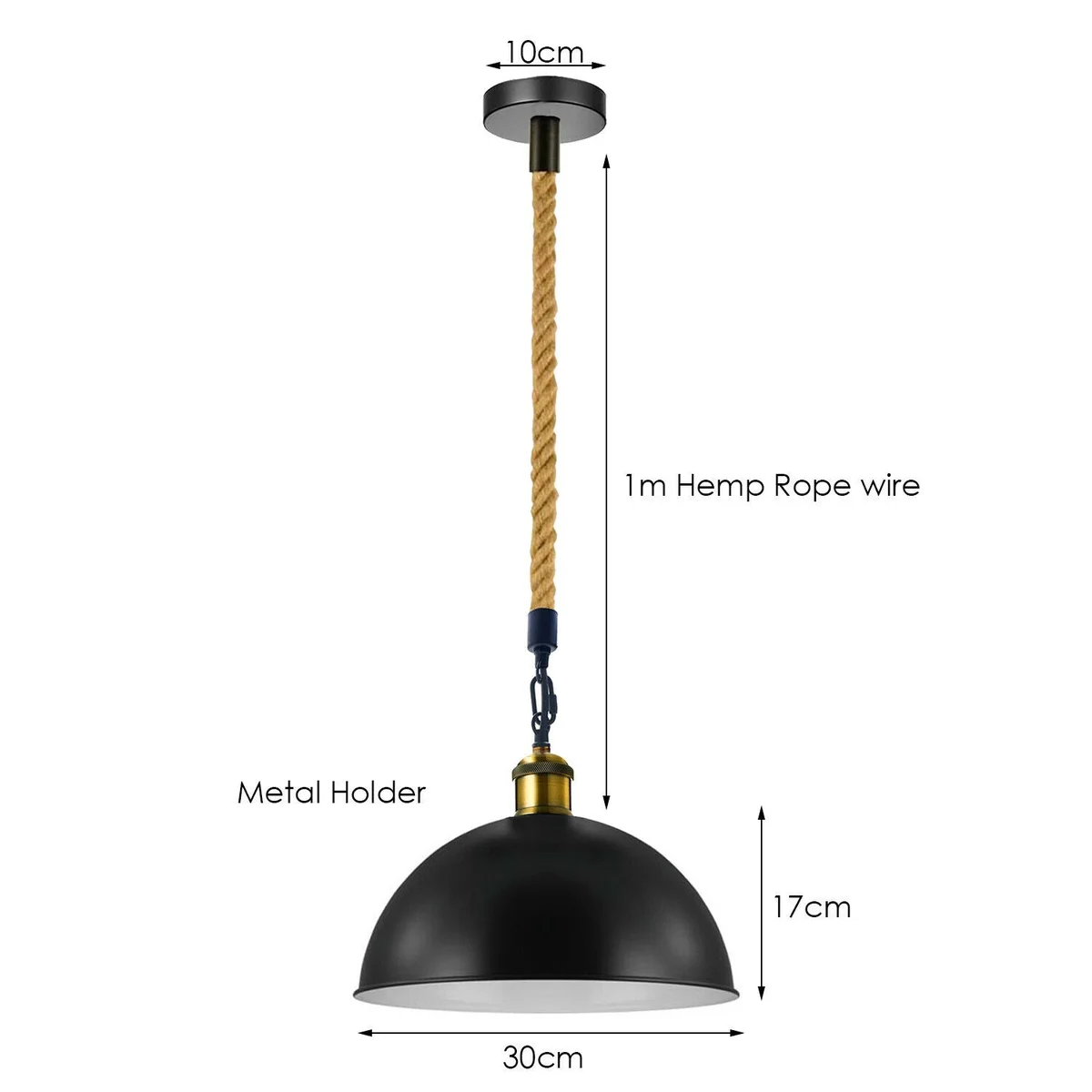 Vintage pendant light with metal holder and hemp rope suspension, classic country style lampshade.